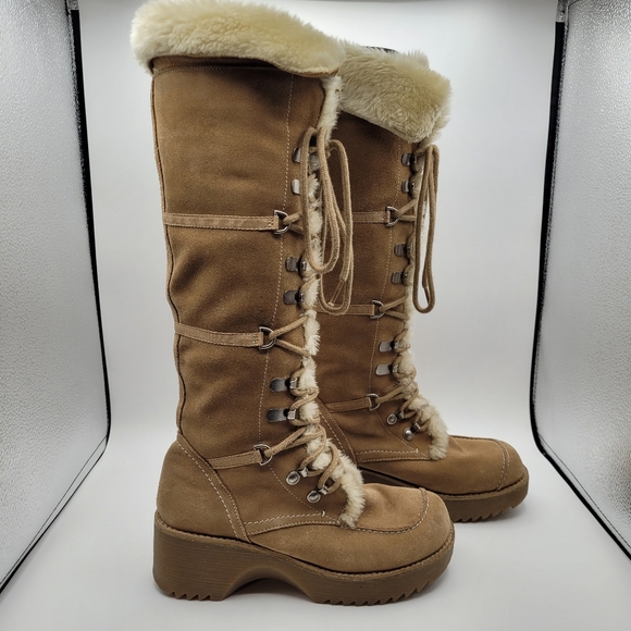 Y2K Report Icon Womens Lace-UpTan Suede Boots Faux Fur Size 8 - Picture 7 of 15